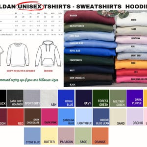 The image is a collage of various colored t-shirts and hoodies, along with size charts and recommendations for different styles.