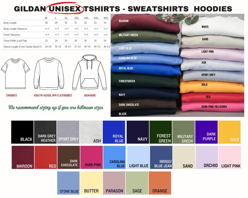 The image is a collage of various colored t-shirts and hoodies, along with size charts and recommendations for different styles.