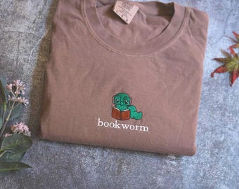 Bookworm Embroidered Tee – Cute Comfort Colors Shirt for Book Lovers, Bookish Gifts