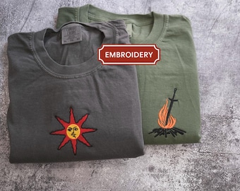 Gaming Shirt Warrior of Sunlight Rivers of Blood Katana Souls Games Demons Souls Bonfire Aesthetic Life Ring Fire Gem Golden Seed