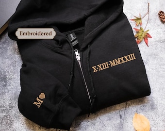 Custom Embroidered Roman Numeral Zip Hoodie • gift for couple • Personalize with sleeve initials • Great for Engagements & Anniversaries