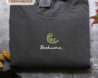 Bookworm Embroidered Tee – Cute Comfort Colors Shirt for Book Lovers, Bookish Gifts