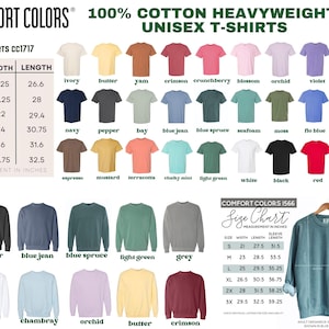 The image is a color swatch for cotton heavyweight unisex t-shirts, featuring a variety of sizes and styles. The swatch displays different color options, including white, blue jeans, blue sprout, green, and red, among others. The image also includes a size chart that provides measurements for each color option, allowing customers to choose their preferred size.