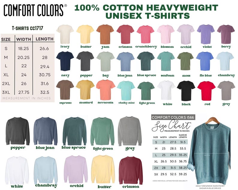 The image is a color swatch for cotton heavyweight unisex t-shirts, featuring a variety of sizes and styles. The swatch displays different color options, including white, blue jeans, blue sprout, green, and red, among others. The image also includes a size chart that provides measurements for each color option, allowing customers to choose their preferred size.
