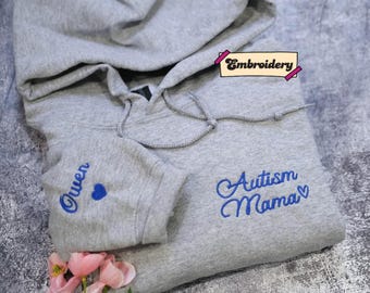 Custom Autism Mom Sweatshirt - Personalized Names Embroidered on Sleeve, Comfort Colors & Gildan
