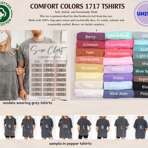 The image is a collage of various gray t-shirt designs, including different sizes and styles, along with a size chart and models wearing the t-shirts.