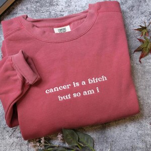 A red long-sleeved shirt with the text "cancer is a shit but so am I" printed on it, along with some leaves and a book.
