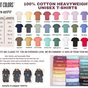 The image is a collage of various t-shirt designs in different colors and sizes, along with a list of recommended sizes for an oversized t-shirt.