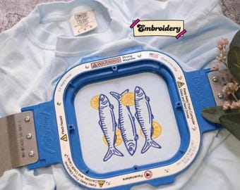 Embroidered Sardines and lemon summer shirt, Trendy beach foodie aesthetic, Coastal Fish Ocean Nautical Style