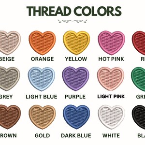a collection of heart-shaped embroidery designs in various colors, including beige, orange, yellow, pink, red, green, grey, light blue, purple, light pink, green, brown, gold, dark blue, white, and black.