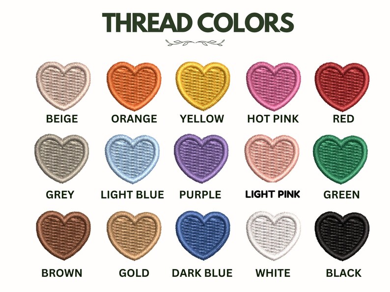 a collection of heart-shaped embroidery designs in various colors, including beige, orange, yellow, pink, red, green, grey, light blue, purple, light pink, green, brown, gold, dark blue, white, and black.