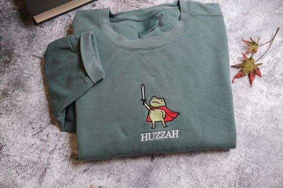 Comfort Colors Huzzah Frog with Sword Embroidered Medieval Frog Sweatshirt, Funny Hoodie, Renaissance Faire Frog Embroidered Sweatshirt