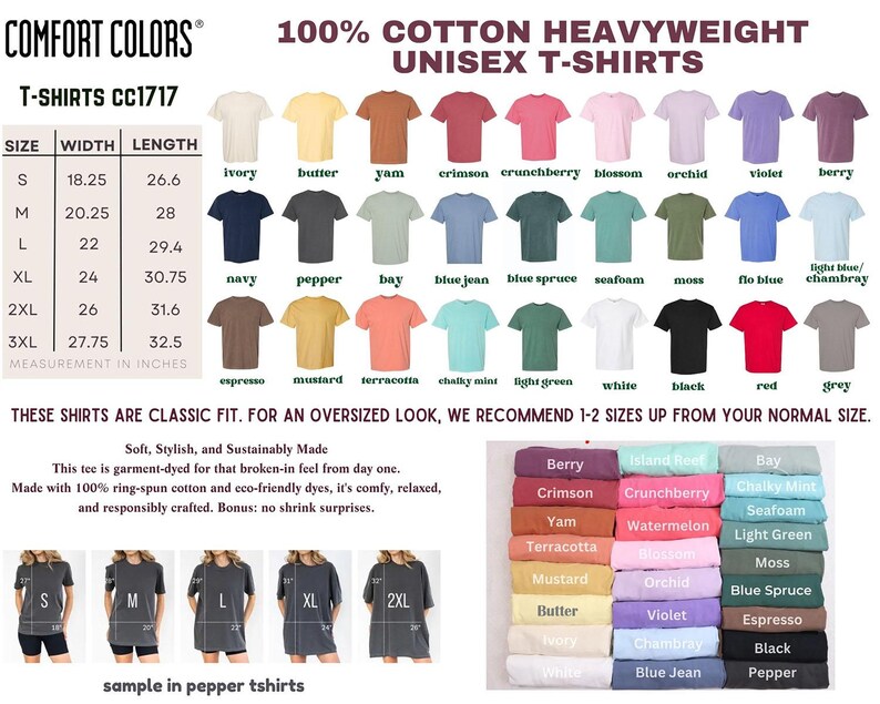 The image is a collection of various t-shirt designs in different colors and sizes, along with a section that provides information about the t-shirts, including their measurements and recommended sizes for an oversized look.