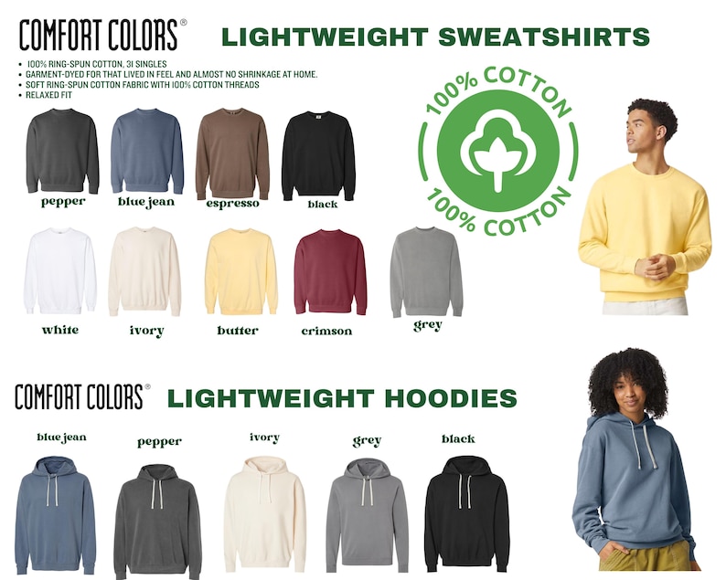 The image is a collage of various lightweight sweatshirts and hoodies, showcasing different colors and styles.