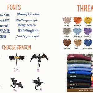The image is a collage of various dragon embroidery designs and thread colors, along with a section titled "THREADS" that lists different types of threads available.