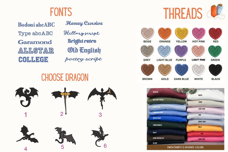 The image is a collage of various dragon embroidery designs and thread colors, along with a section titled "THREADS" that lists different types of threads available.