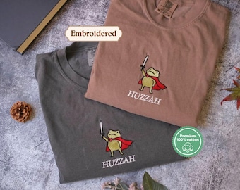 Huzzah Frog with Sword Shirt, Embroidered Medieval Comfort Colors Tee, Sweatshirt, Hoodie, Funny DnD T-Shirt, Renaissance Faire Frog Gift