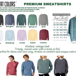 The image is a collage of various premium sweatshirts in different colors, sizes, and styles, along with a size chart and a description of the sweatshirts.
