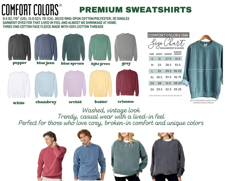 The image is a collage of various premium sweatshirts in different colors, sizes, and styles, along with a size chart and a description of the sweatshirts.