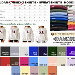 The image is a collage of various images showcasing different styles and colors of GILDA UNISEX T-SHIRTS, SWEEPSHIERS, and HOODIES. The images display a range of colors and styles, including maroon, black, navy, forest green, and gold. The collage also includes a size chart and a "How to choose your perfect size?" guide, providing information on the recommended sizes based on the user's body length and desired look.