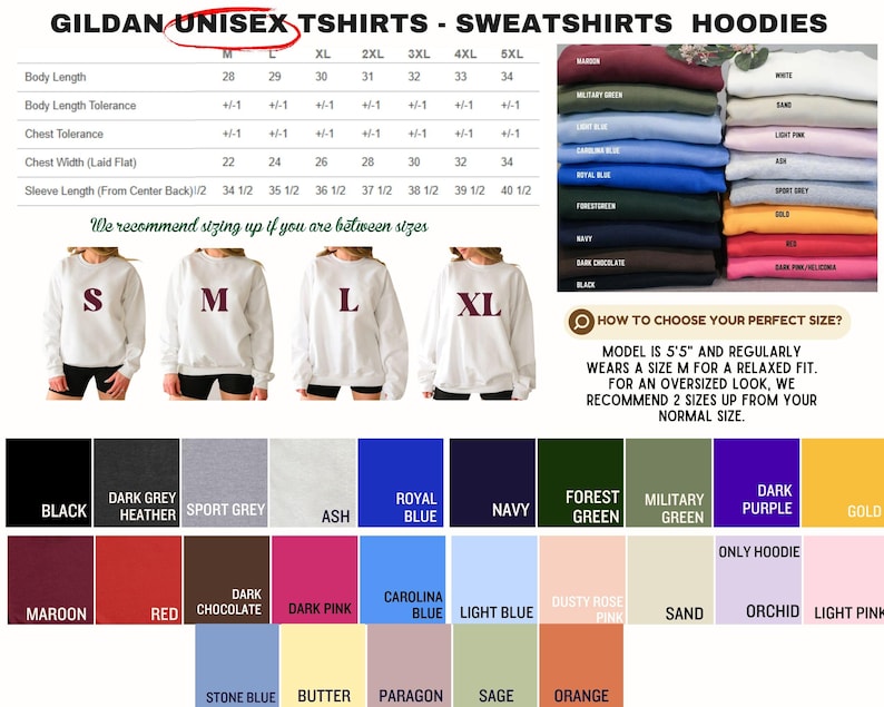 The image is a collage of various images showcasing different styles and colors of GILDA UNISEX T-SHIRTS, SWEEPSHIERS, and HOODIES. The images display a range of colors and styles, including maroon, black, navy, forest green, and gold. The collage also includes a size chart and a "How to choose your perfect size?" guide, providing information on the recommended sizes based on the user's body length and desired look.