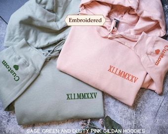 Custom Embroidered Hoodie with Roman Numerals  Personalize with Sleeve Initials  Perfect Gift for Couples