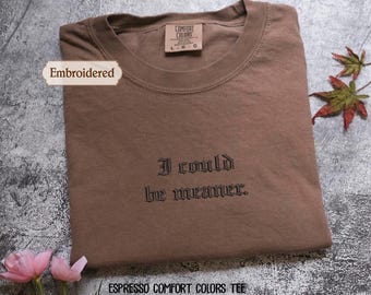 Embroidered Comfort Colors® I Could Be Meaner TShirt, Funny Shirt For Women, Sarcasm Tee, Funny Quote Oversized Shirt, Gift for Her
