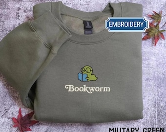 Embroidered Bookworm Crewneck, Cozy Reading Sweatshirt, Autumn Bookish Gifts, Gildan 18000