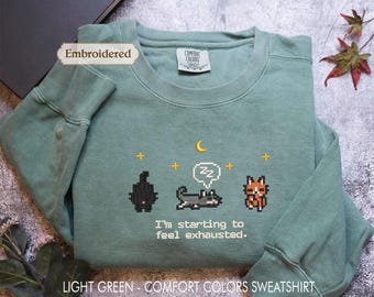 Embroidered Pixel Cat Stardew Valley, Unisex Gamer Sweatshirt, Staring to feel exhausted
