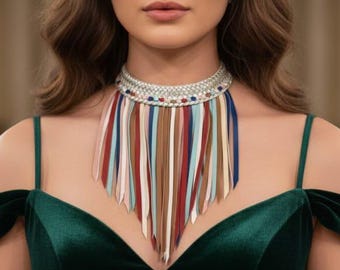 Boho Leather Fringe Choker | Multicolor Tribal Statement Necklace | Handmade Festival Jewelry for Women