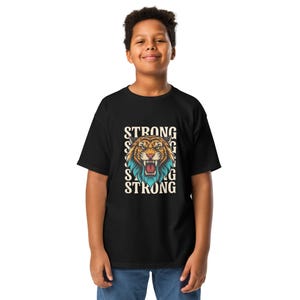 Youth Tiger Graphic T-Shirt – Strong Slogan Tee for Kids, Classic Cotton Short Sleeve Top, Animal Print Shirt