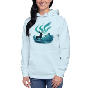 Northern Lights Reindeer Hoodie – Unisex Winter Pullover | Aurora Borealis Deer Mountain Sweatshirt | Winter Christmas and New Year Gift