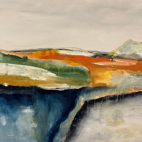 Abstract Landschap originele olieverfschilderij; Eigentijds; Modern; Muurkunst; Herfst; Kust; Uk