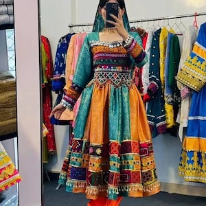 Handmade Traditional Afghan Dress | Multicolor Embroidered Kuchi Dress with Mirror Work | Ethnic Festival Attire with Headpiece