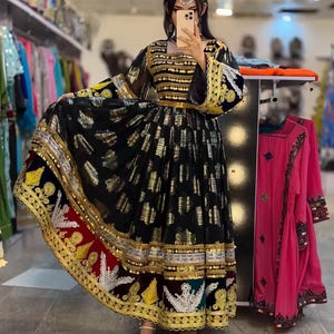 Handmade Traditional Afghan Dress | Black Embroidered Kuchi Dress with Mirror Work | Ethnic Festival Attire with Headpiece