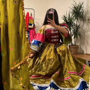 Unique Olive Green Afghan Dress – Hand-Embroidered Maxi Gown with Colorful Sleeves & Cultural Detailing