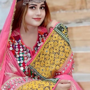 Pink Afghan Kuchi Dress – Handmade Traditional Attire with Embroidery, Mirrors & Matching Scarf