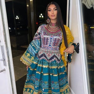 Teal Afghan Kuchi Dress – Handmade Traditional Attire with Intricate Embroidery, Mirrors & Yellow Dupatta