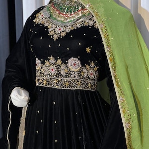 Traditional Afghan Black and green Dress with Embroidered Vest – Handmade Ethnic Clothing with Mirror & Bead Work