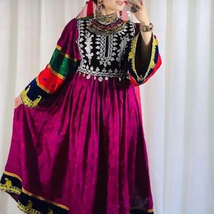 Traditional Afghan Velvet Dress – Handmade Tribal Kuchi Attire with Embroidered Bodice and Colorful Sleeves