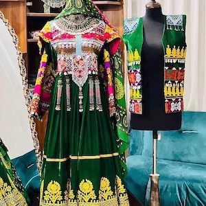 Traditional Afghan Green Kuchi Dress with Embroidered Vest – Handmade Ethnic Clothing with Mirror & Bead Work