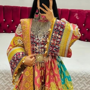 Elegant Unique Afghan Dress – Hand-Embroidered Traditional Kameez with Mirror Work  Dupatta