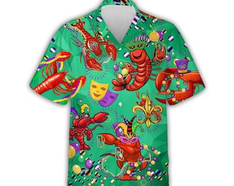 Camisa hawaiana de cangrejo de río para Mardi Gras, camisa aloha de langosta para carnaval, camisa de fiesta cajún de Luisiana, camisa hawaiana unisex para Mardi Gras (tallas S-5XL)