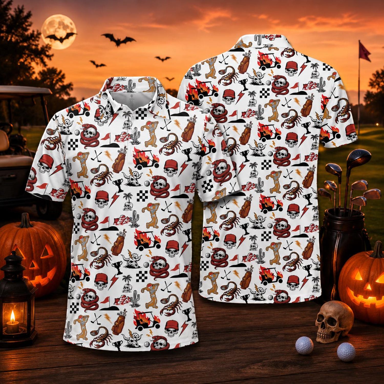 Halloween Golf Polo Shirt for Men, Skull Scorpion Golf Shirt, Spooky Golf Cart Polo, Skeleton Golfer Shirt, Halloween Gift for Him