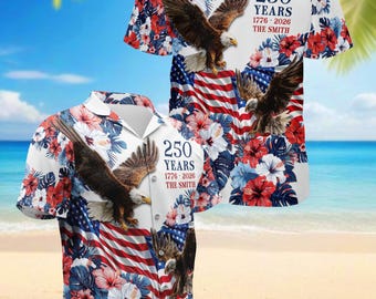 Personalized America 250 Hawaiian Shirt, Custom Name Patriotic Eagle Floral Aloha Shirt, 1776 2026 USA Button Down, Unisex Summer Shirt