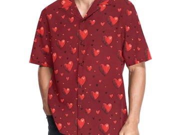 Men's Valentine's Heart Hawaiian Shirt, Red Button Down, Short Sleeve