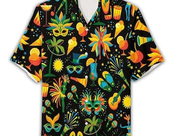 Camisa hawaiana de Mardi Gras, estampado colorido de carnaval, camisa Aloha unisex