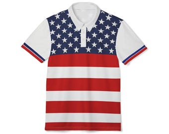 American Flag Polo Shirt for Men, USA Patriotic Polo, 4th of July Shirt, Independence Day Outfit, Red White Blue Polo, Casual Golf Shirt