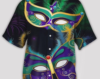 Camisa hawaiana con máscara de Mardi Gras, camisa Aloha de carnaval
