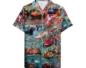 Formula One Hawaiian Shirt, Racing Car Print, Summer Button Down
